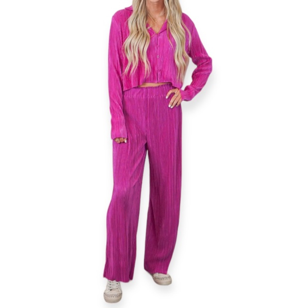 Easel Matching Set Fuchsia Pink Crinkle Pleated Wide Leg Outfit Sz Medium